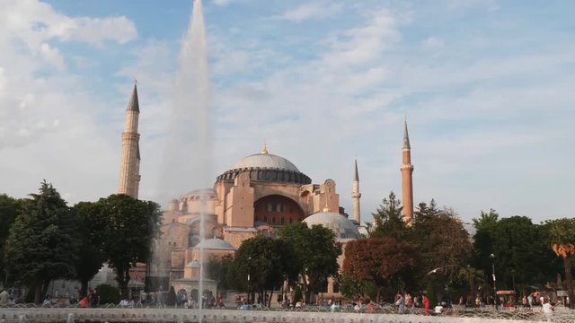 a 4K 60p afternoon clip of hagia sophia mosque and a fountain in istanbul, turkey