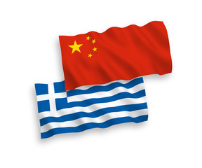 National vector fabric wave flags of Greece and China isolated on white background 1 to 2 proportion.
