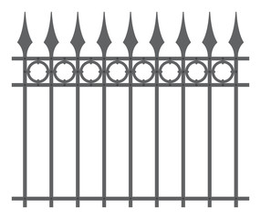 Vintage black iron fence with spearheads. Isolated on white background.