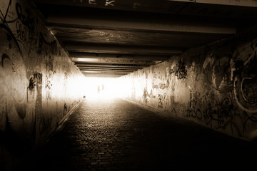 Pedestrian crossing tunnel, Dark and long underground passage with light