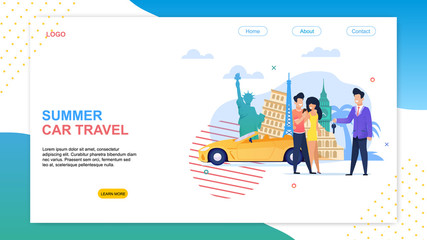 Summer Car Travel. Cartoon Man and Woman in Europe