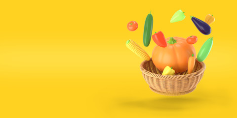 Vegetables flying over a basket on a yellow colored background. Pumpkin, corn, pepper, eggplant, zucchini, tomato in cartoon style. A vivid illustration of a ripe autumn harvest. 3D rendered