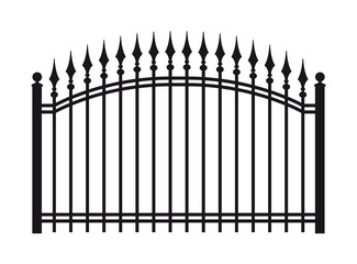 Vintage black iron fence with spearheads. Isolated on white background.
