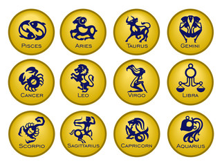 Set of twelve signs of the zodiac on the background of gold circles. Prediction of the future. Vector illustration. Isolated on white background