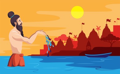 spiritual guru sadhu praying in river at varanasi  giving argya