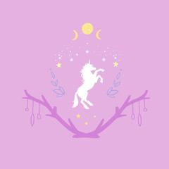 Obraz na płótnie Canvas Unicorn in the night with starry sky and the moon. Fantasy style, magical forest dream conceptual illustration, tattoo art, symbol
