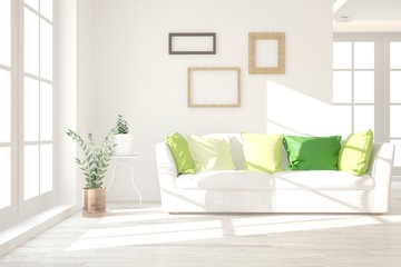 Stylish room in white color with sofa. Scandinavian interior design. 3D illustration