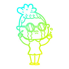 cold gradient line drawing cartoon crying woman wearing spectacles