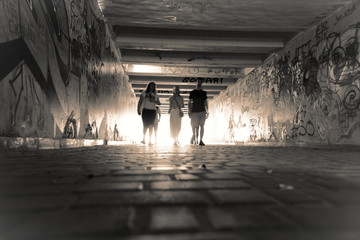 Pedestrian crossing tunnel, Dark and long underground passage with light