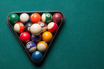 Old billiard balls on a green table. billiard balls isolated on a green background