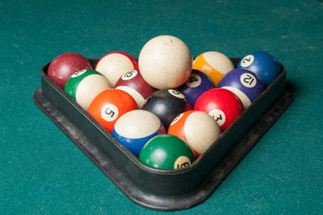 Old billiard balls on a green table. billiard balls isolated on a green background