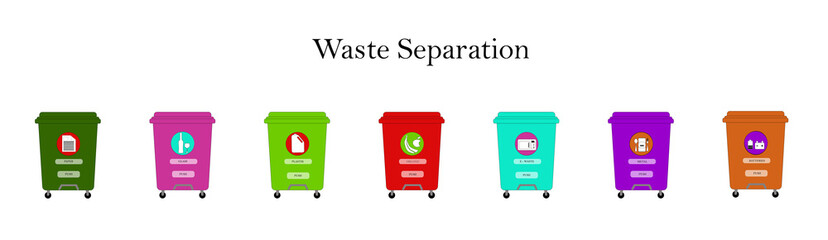  Multi-colored containers for separating waste into categories: plastic, paper, metal, glass, organic, electronics, batteries on a white background. Flat vector.