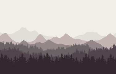 Realistic illustration of mountain landscape with hills and coniferous forest under retro color sky. Suitable as a holiday or travel advertisement, vector