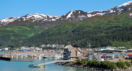 Mountains and Prince William Sound encircle Whittier, Alaska