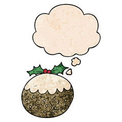 cartoon christmas pudding and thought bubble in grunge texture pattern style