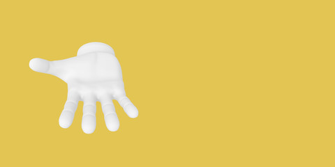 Cartoon open palm. Illustration on yellow color background. 3D-rendering.