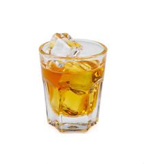 Glass of scotch whiskey and ice on  white background