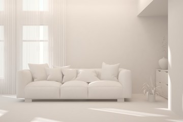 Mock up of stylish room in white color with sofa. Scandinavian interior design. 3D illustration