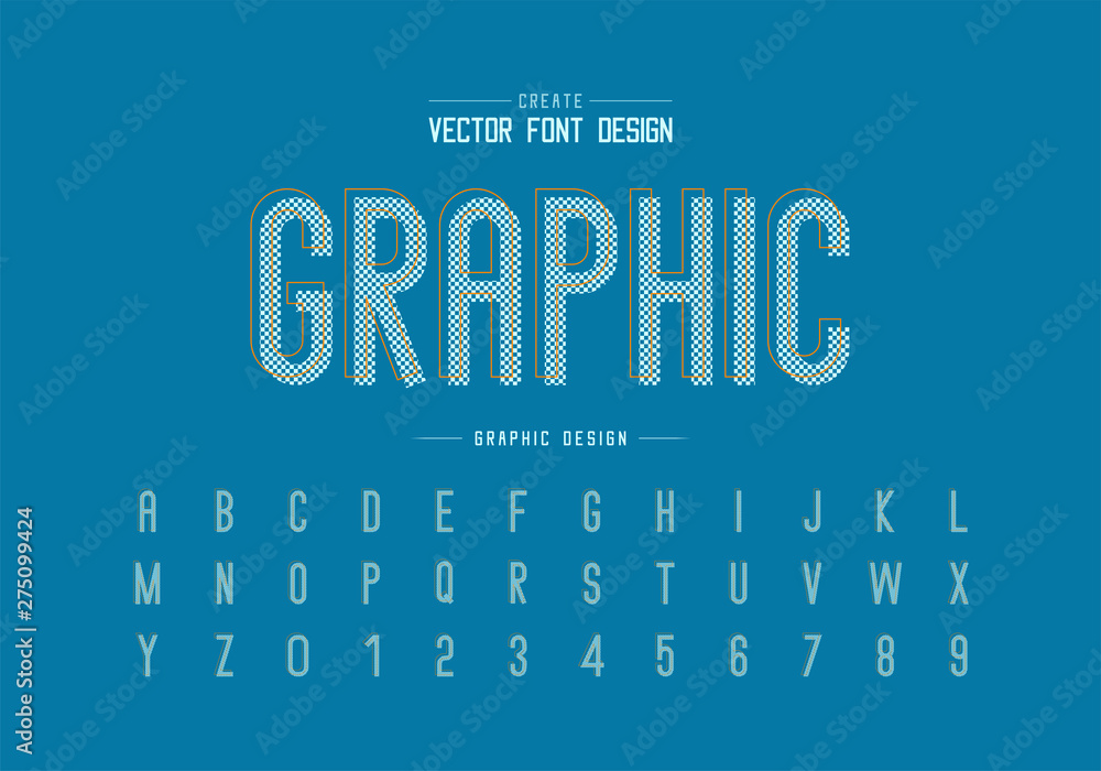 Poster pixel font and alphabet vector, letter typeface and number design, graphic text on background