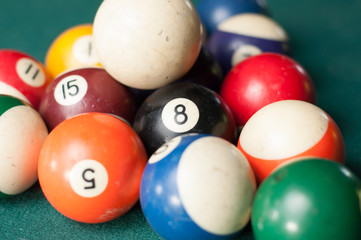 Old billiard balls on a green table. billiard balls isolated on a green background