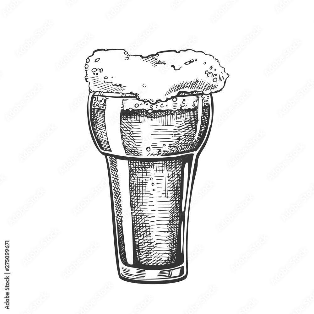 Sticker hand drawn glass with foam bubble drink vector. glass with pint of alcoholic fresh cold beverage dar