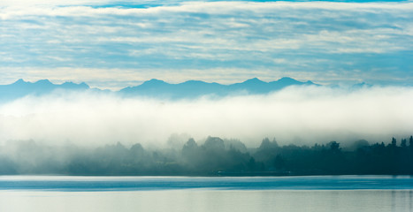Morning fog over Puerto Varas on the shores of Lake Llanquihue, X Region de Los Lagos, Chile