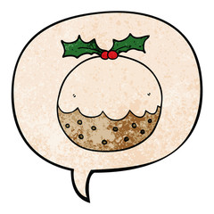 cartoon christmas pudding and speech bubble in retro texture style
