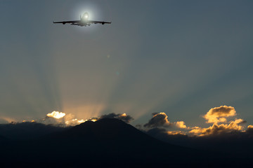Fototapeta na wymiar 3D rendering of a plane flying over the sunrise