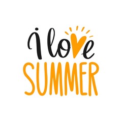 Flat vector composition of a handwritten words I love Summer with orange heart. Lettering summer