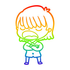 rainbow gradient line drawing cartoon woman talking loudly
