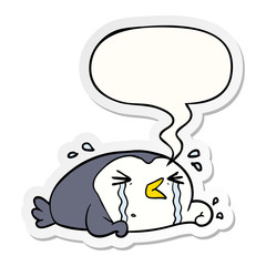 cartoon crying penguin and speech bubble sticker