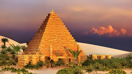 Fototapeta na wymiar Pyramid at Sahara oasis 3d rendering
