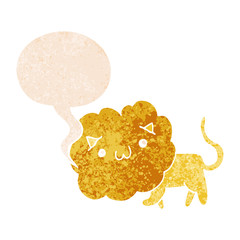 cute cartoon lion and speech bubble in retro textured style