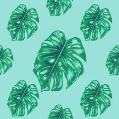 Fototapeta premium Tropical leaf design featuring blue Monstera plant leaves. Seamless repeating pattern.