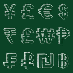 Vector Set of Chalk Sketch Modern Currency Symbols