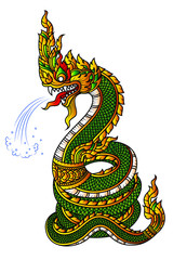 Colorful Tattoo Serpent or Naga spraying water