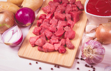 Ingredients for the preparation of traditional Hungarian goulash.