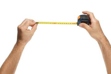 Two male hand holds measuring tape measure isolated on white background.