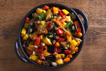 Vegetable stew: eggplant, pepper, tomato, zucchini, carrot and onion. Stewed vegetable salad