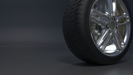 Fototapeta na wymiar Alloy wheels tire auto on a dark background 3d render