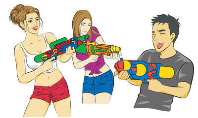 songkran festival thailand man and girl playing water gun vector illustration isolated cartoon