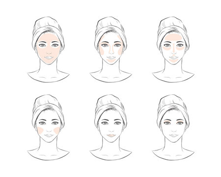 Steps how to face make-up. take care about face vector illustration isolated cartoon hand drawn