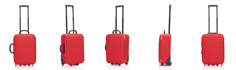 collage of red wheeled textured colorful suitcases with handles isolated on white