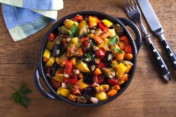 Vegetable stew: eggplant, pepper, tomato, zucchini, carrot and onion. Stewed vegetable salad