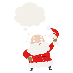 cartoon santa claus waving hat and thought bubble in retro style