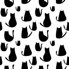 Seamless pattern with black silhouette of cats. Minimalistic monochrome design.