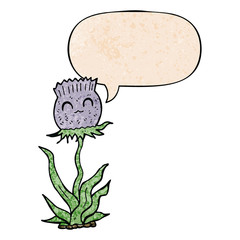 cartoon thistle and speech bubble in retro texture style