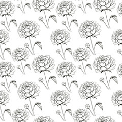 Peony backdrop. Hand drawn seamless pattern with sketch style flower peony. Monochrome vector background.