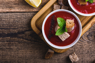 Tomato soup  with rye bread croutons and thyme