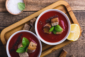 Tomato soup  with rye bread croutons and thyme